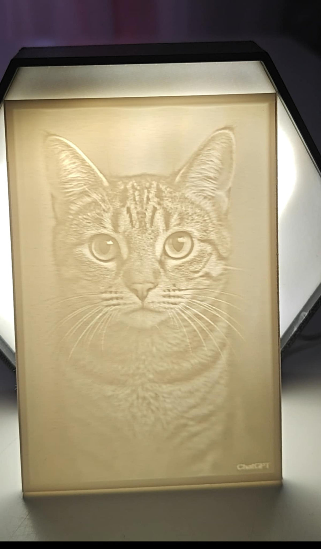 Litofanía iluminada mostrando foto en arte luminoso 3D